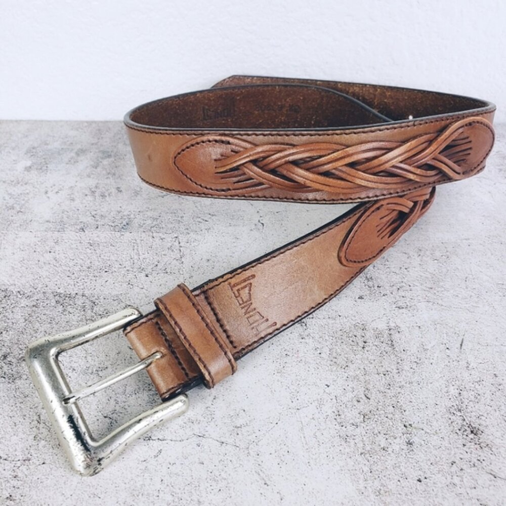 Vintage 'Honest' Braided Detail Bohemian Genuine Leather Belt Brown size 32